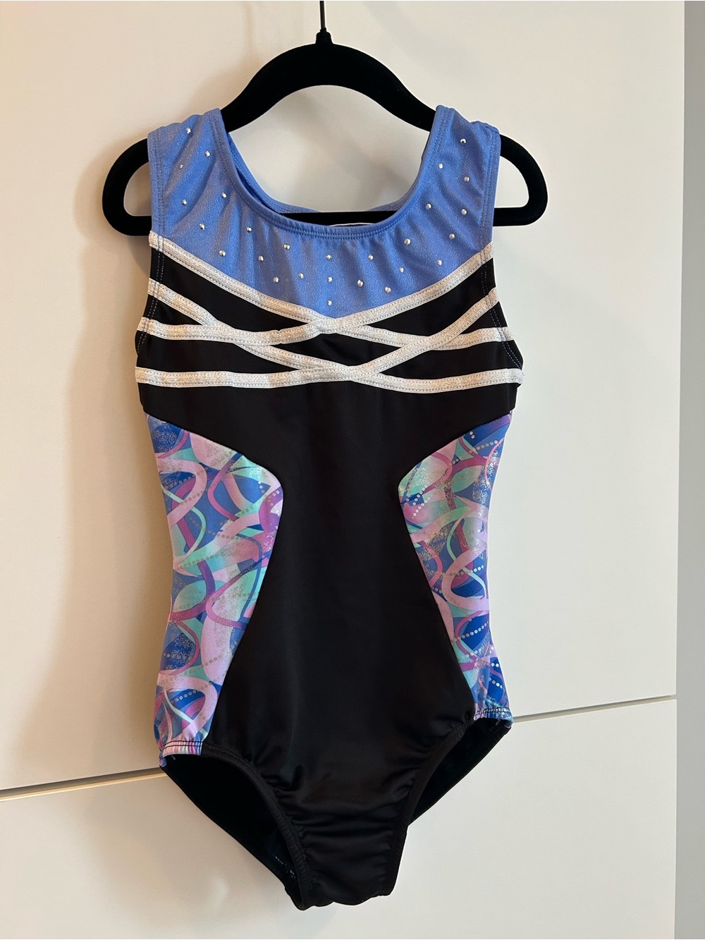 Girls' Black and Blue Glitter Accent Dance or Gymnastics Leotard - Size 7/8